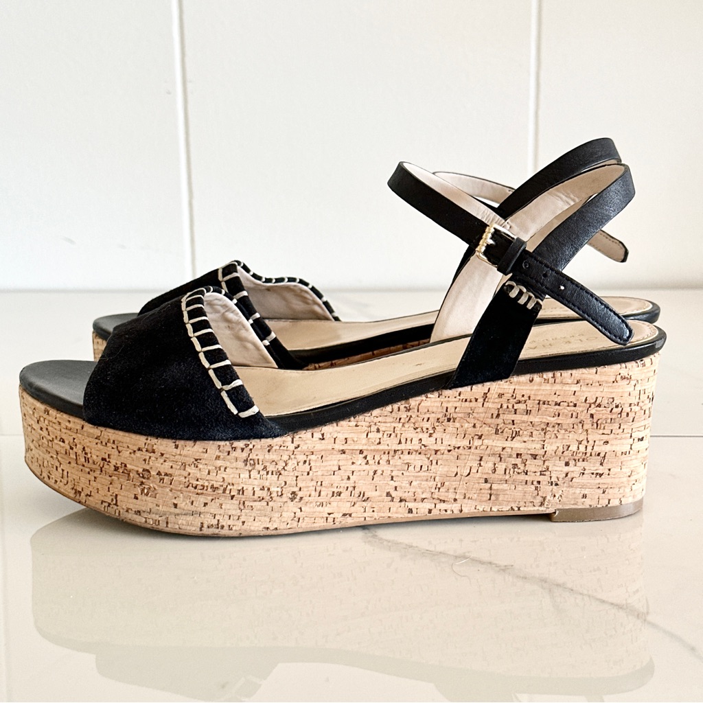 Cole Haan Steffi Wedge Cork Platform Black Suede Sandal 7.5